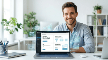 Starmail Newsletter Plugin für Wordpress: Lachender Mann blickt von Laptop mit Starmail Newsletter Plugin Dashboard auf Betrachter
