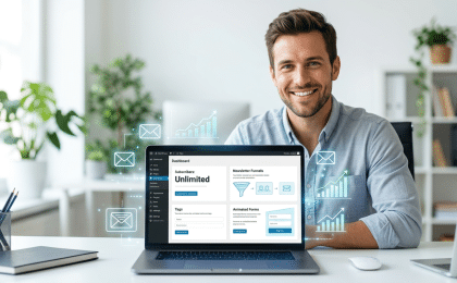 Starmail Newsletter Plugin für Wordpress: Lachender Mann blickt von Laptop mit Starmail Newsletter Plugin Dashboard auf Betrachter